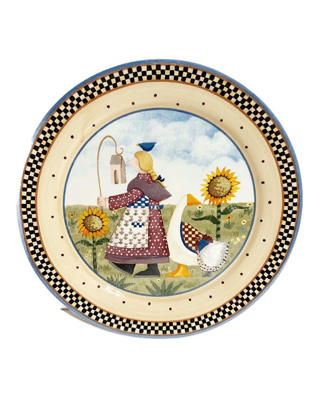 Vintage Williraye Studio Decorative Plate Folk Art Girl / Goose / Sunflower 1999